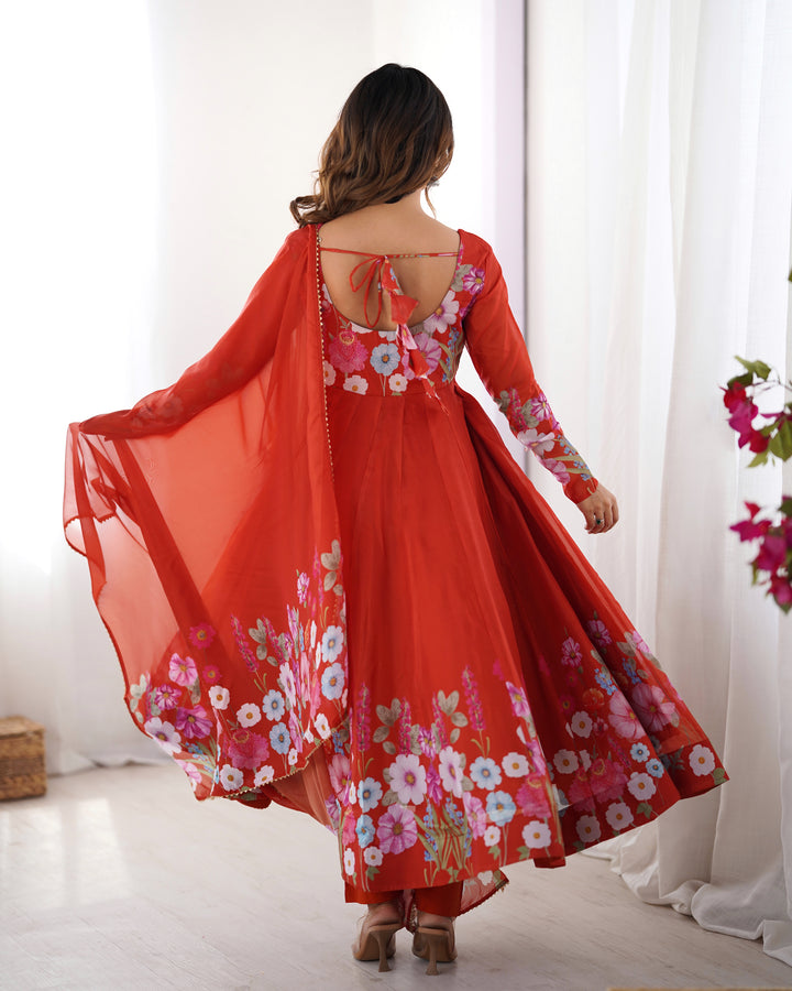 Rust Orange Organza Floral Printed Flared Anarkali Suit