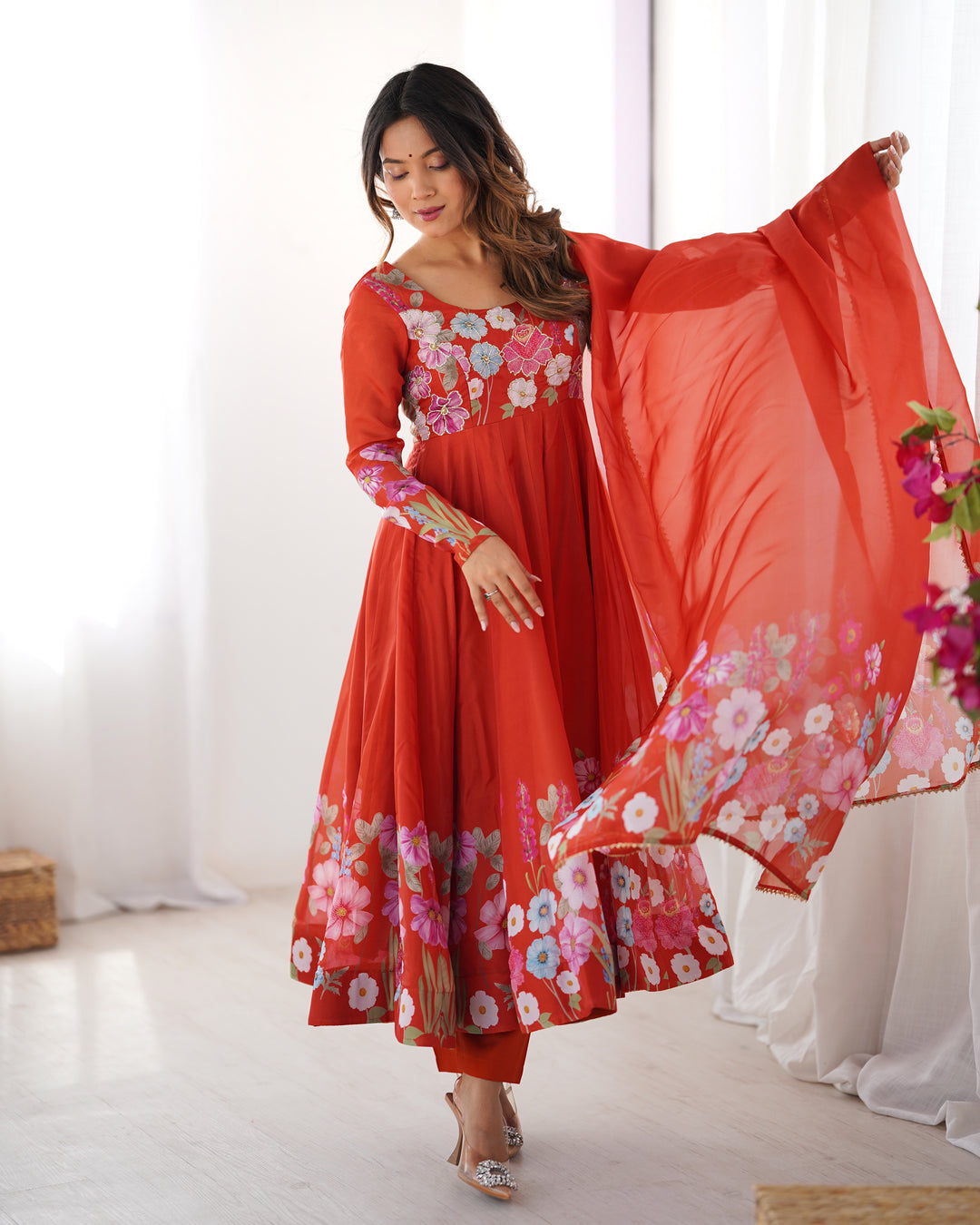 Rust Orange Organza Floral Printed Flared Anarkali Suit