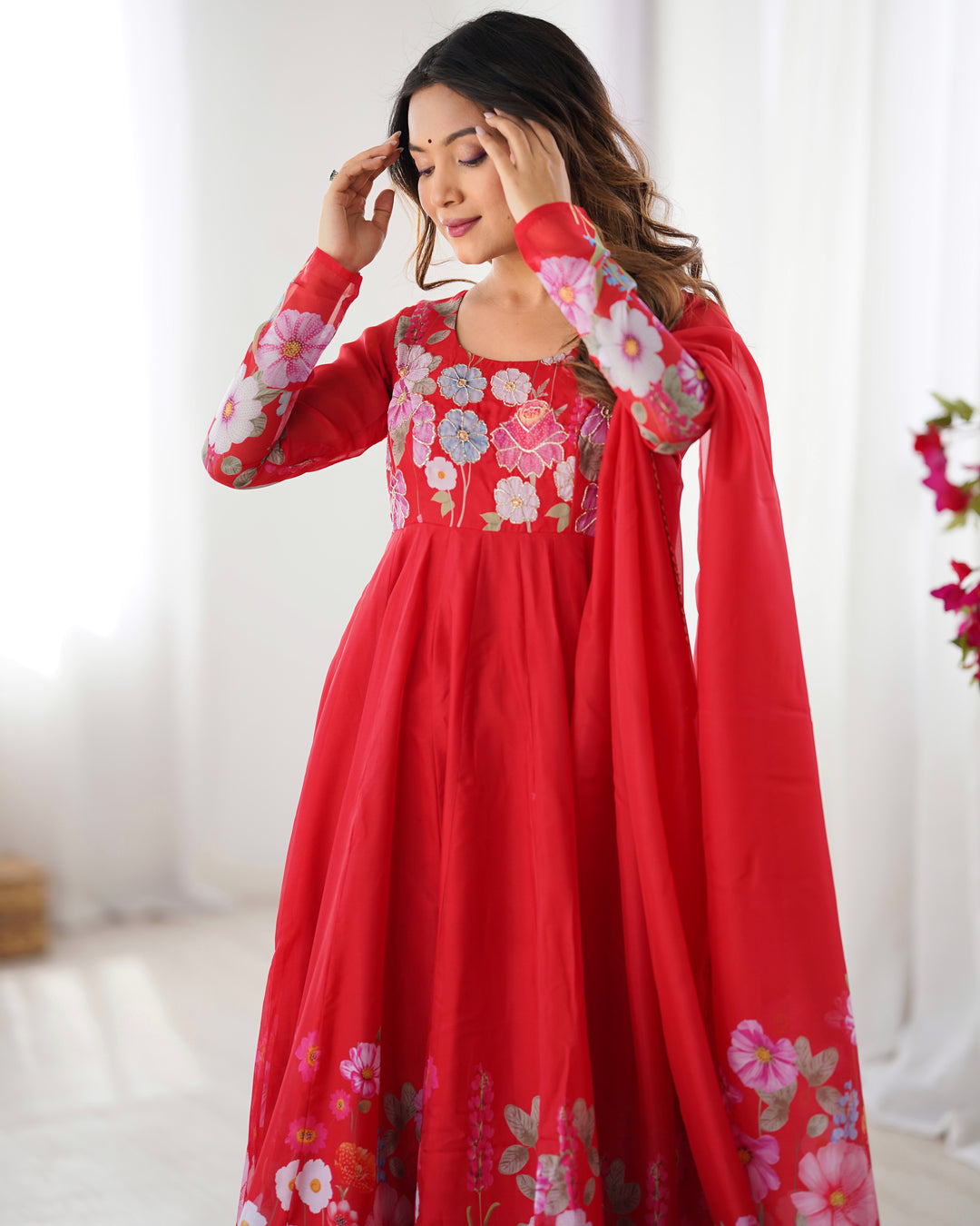 Red Organza Floral Printed Flared Anarkali Suit