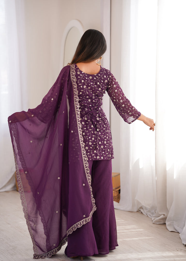 Wine Embroidered Pakistani Style Sharara Suit