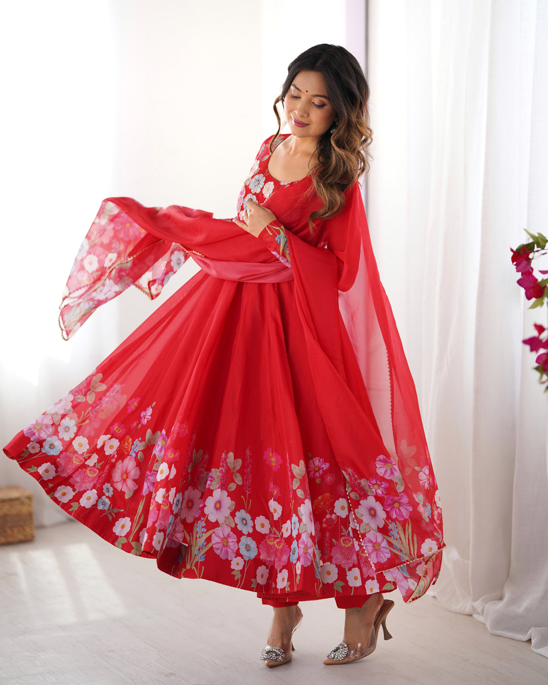 Red Organza Floral Printed Flared Anarkali Suit
