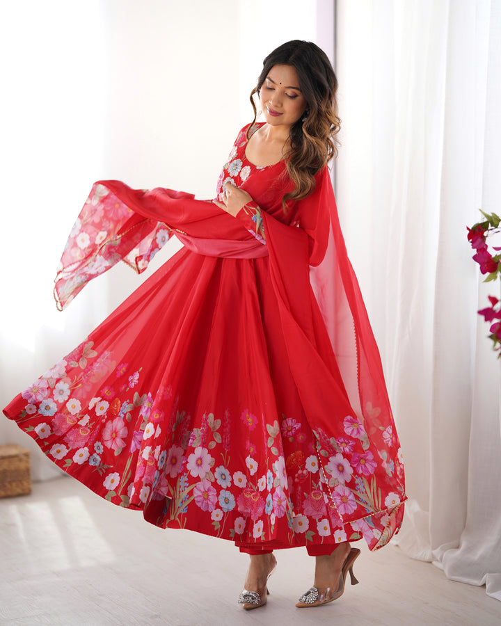 Red Organza Floral Printed Flared Anarkali Suit