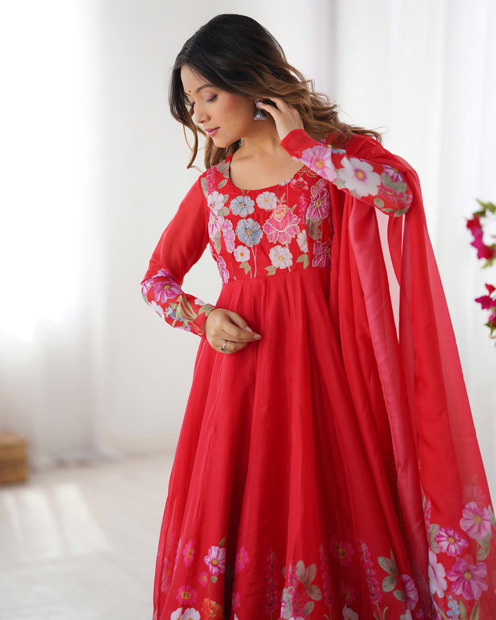 Red Organza Floral Printed Flared Anarkali Suit