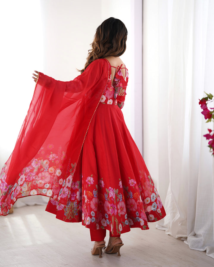 Red Organza Floral Printed Flared Anarkali Suit