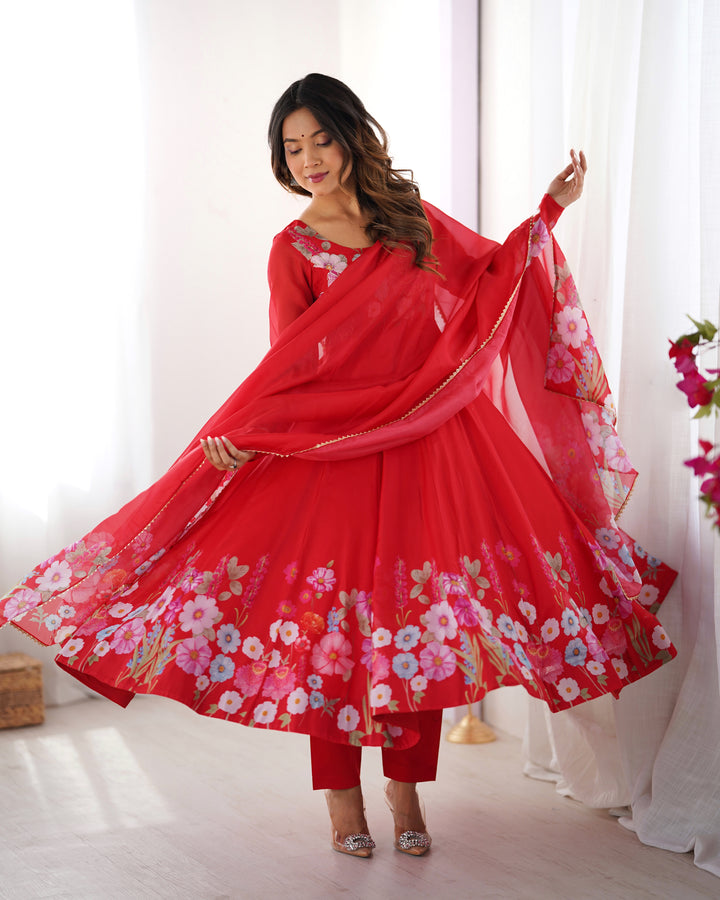 Red Organza Floral Printed Flared Anarkali Suit