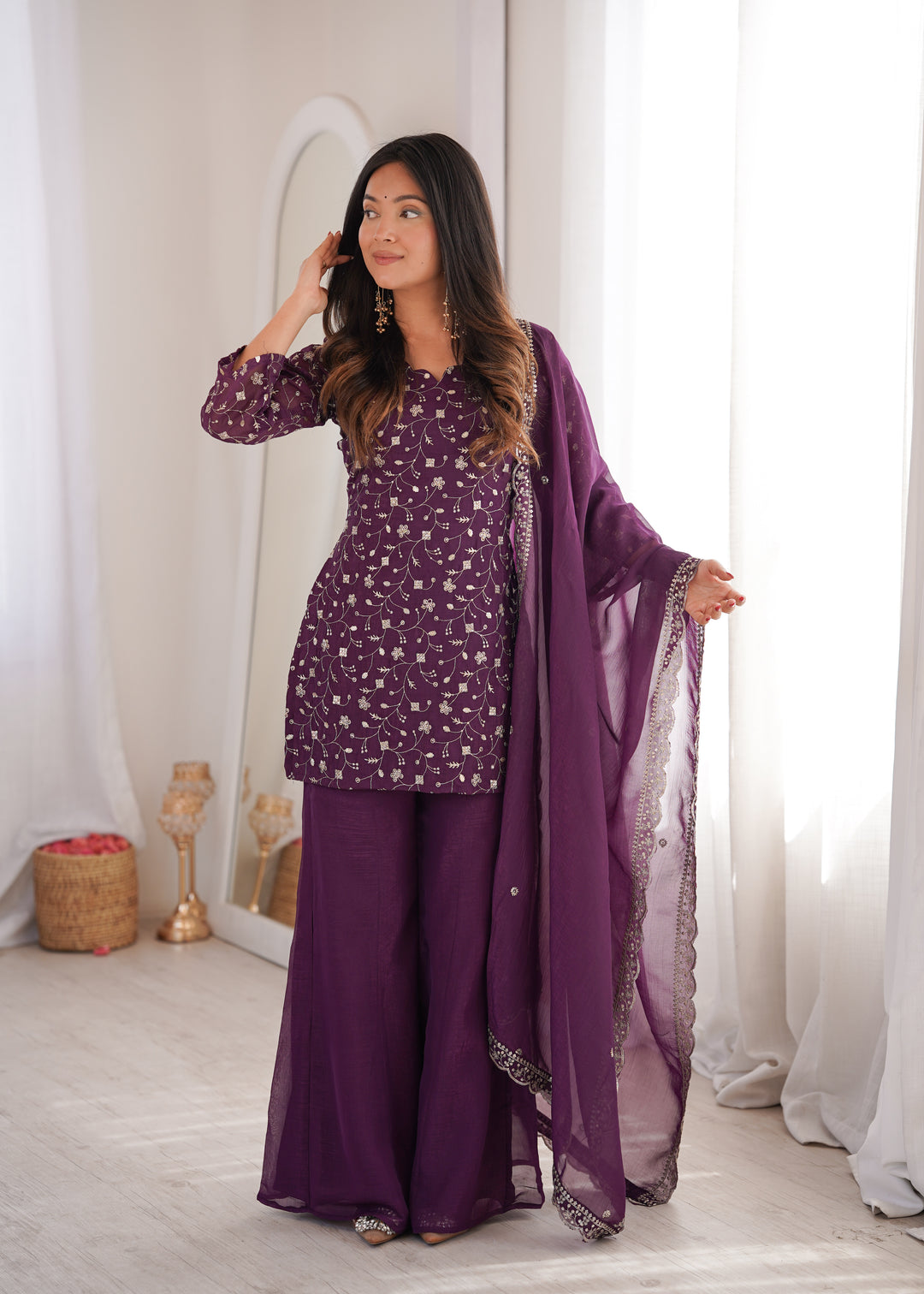 Wine Embroidered Pakistani Style Sharara Suit