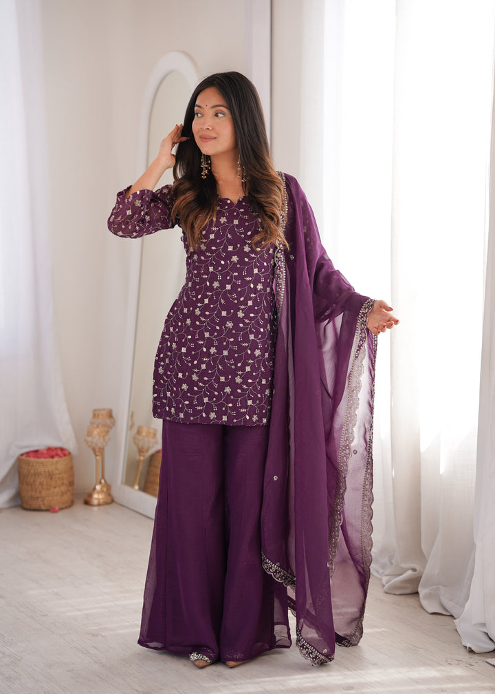 Wine Embroidered Pakistani Style Sharara Suit
