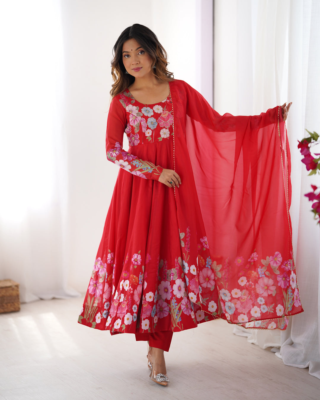 Red Organza Floral Printed Flared Anarkali Suit