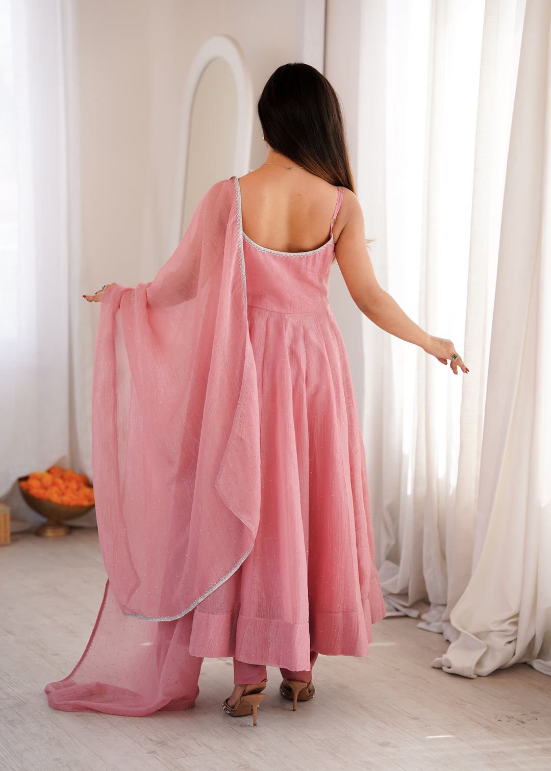 Dusty Pink Strap Flared Silk Anarkali Suit