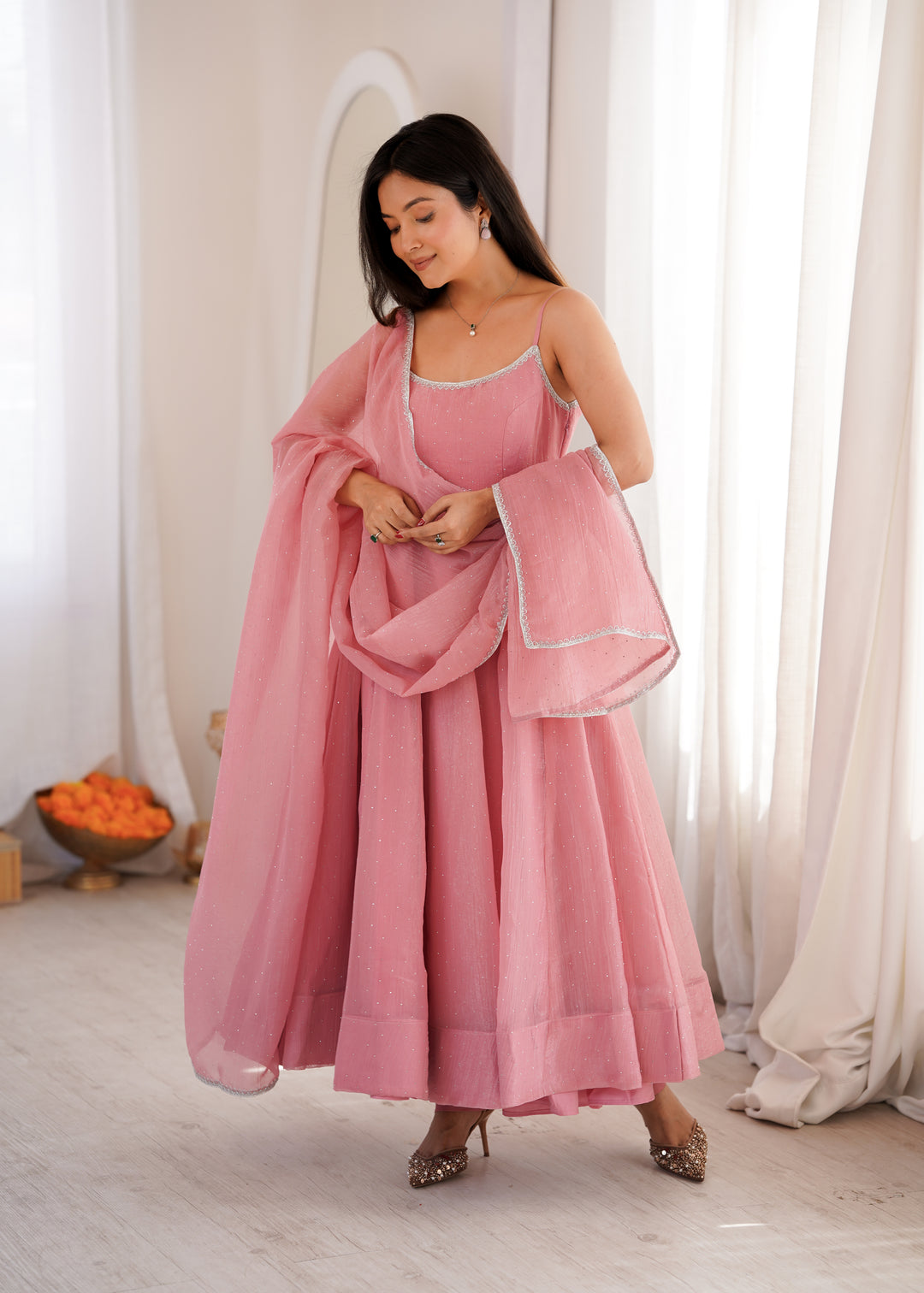 Dusty Pink Strap Flared Silk Anarkali Suit