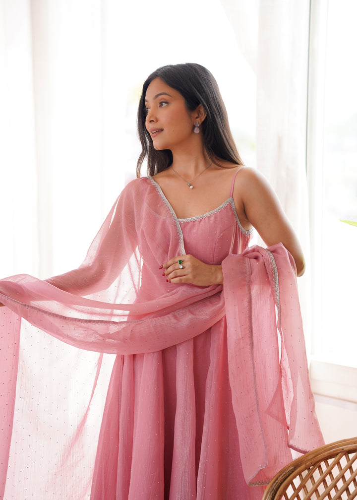 Dusty Pink Strap Flared Silk Anarkali Suit