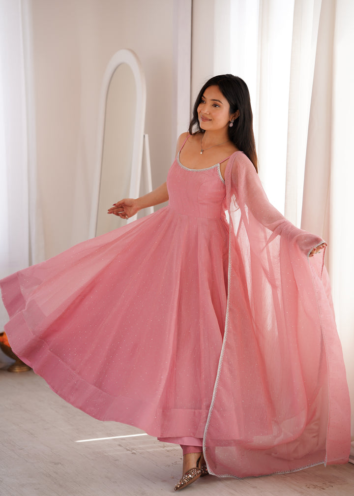 Dusty Pink Strap Flared Silk Anarkali Suit