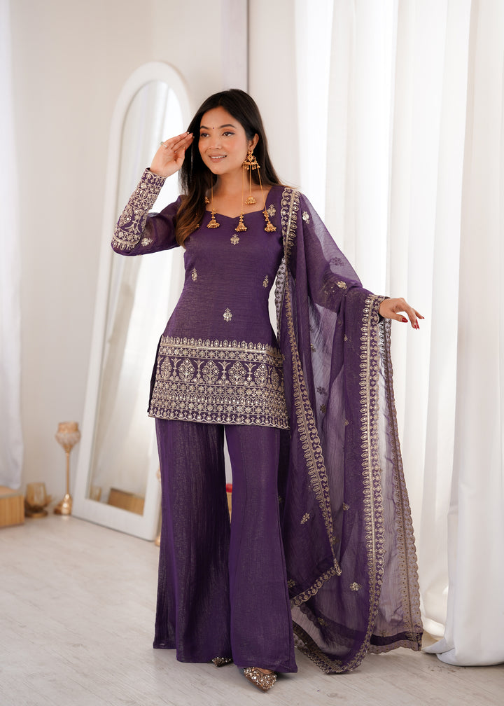 Purple Embroidered Pakistani Style Sharara Suit