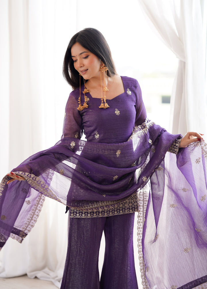 Purple Embroidered Pakistani Style Sharara Suit