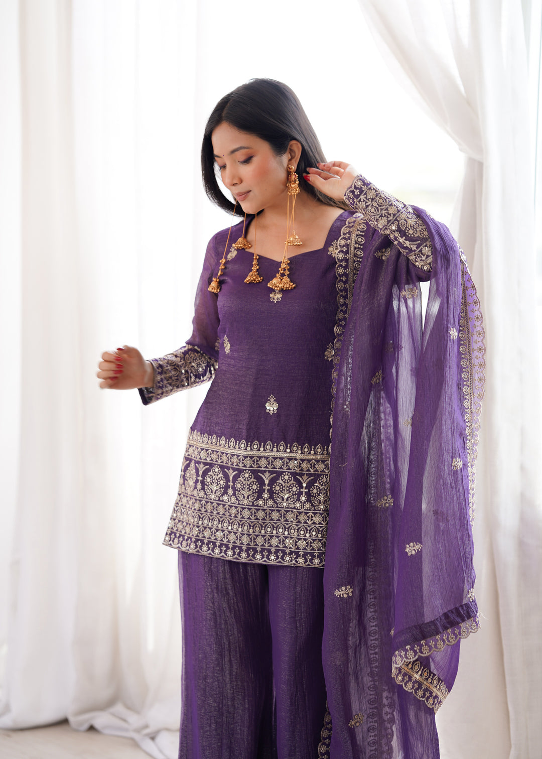 Purple Embroidered Pakistani Style Sharara Suit