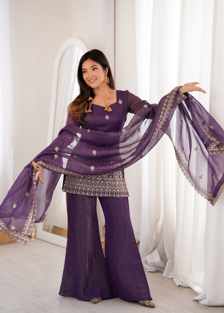 Purple Embroidered Pakistani Style Sharara Suit