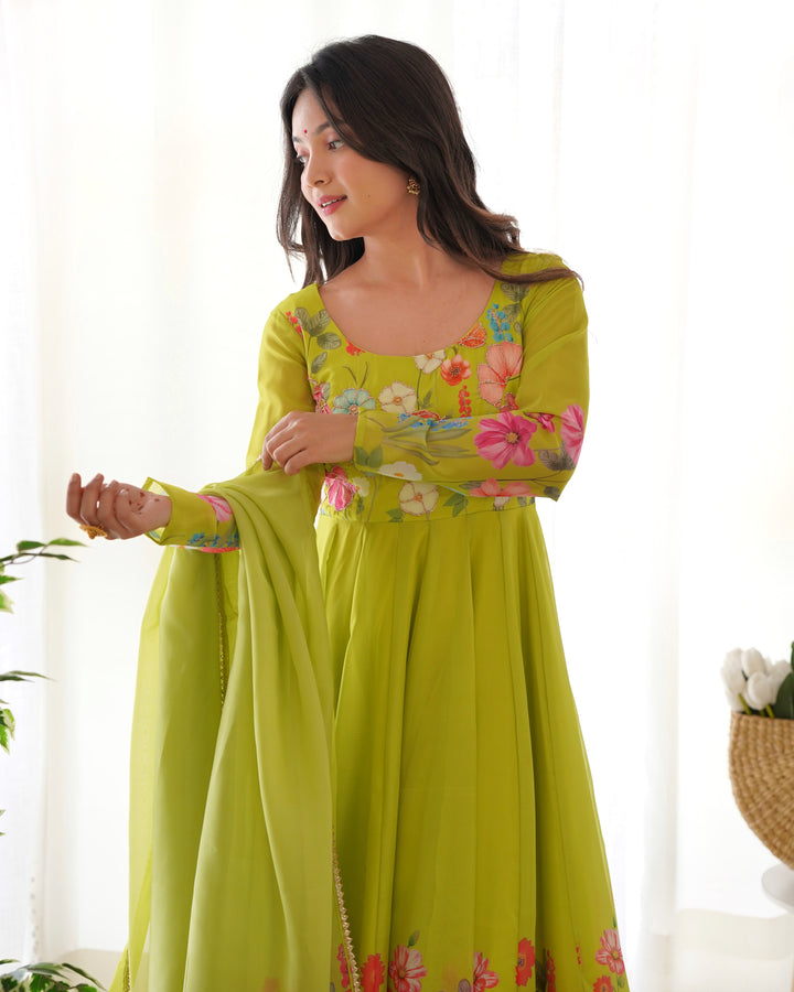 Neon Organza Floral Printed Flared Anarkali Suit