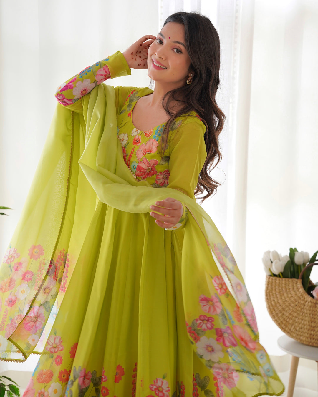 Neon Organza Floral Printed Flared Anarkali Suit