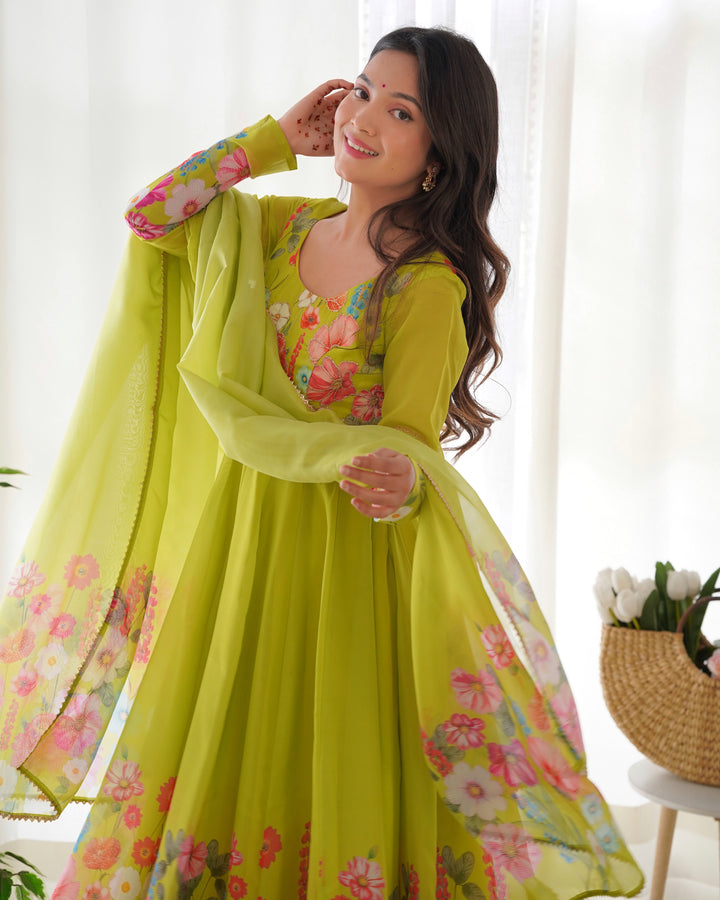 Neon Organza Floral Printed Flared Anarkali Suit