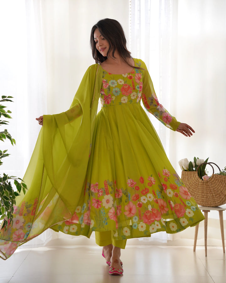 Neon Organza Floral Printed Flared Anarkali Suit
