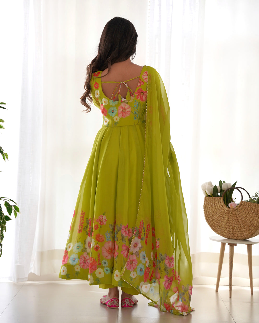Neon Organza Floral Printed Flared Anarkali Suit