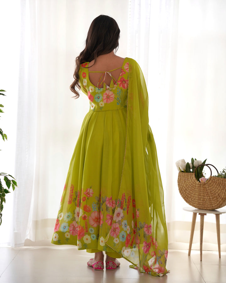 Neon Organza Floral Printed Flared Anarkali Suit