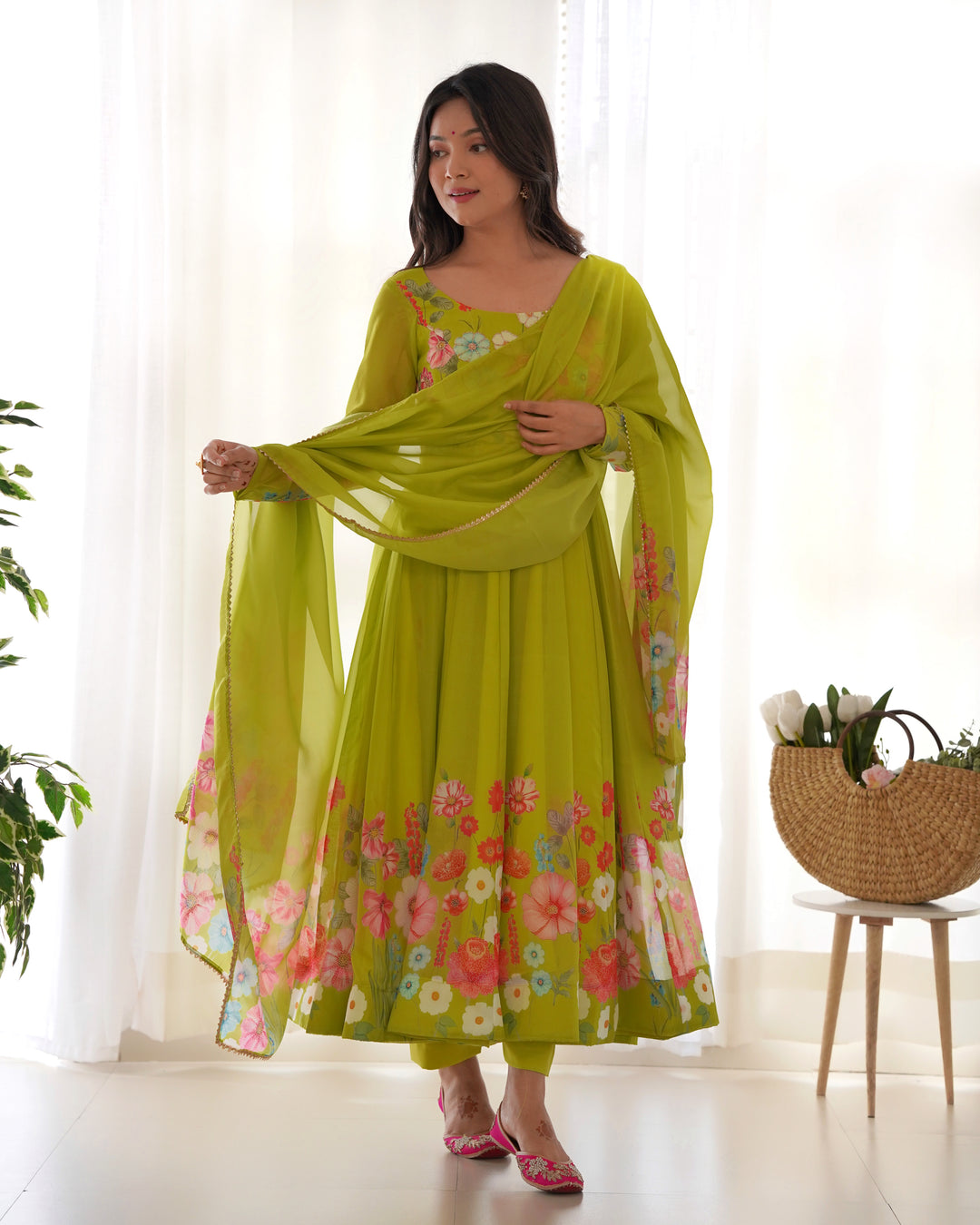 Neon Organza Floral Printed Flared Anarkali Suit