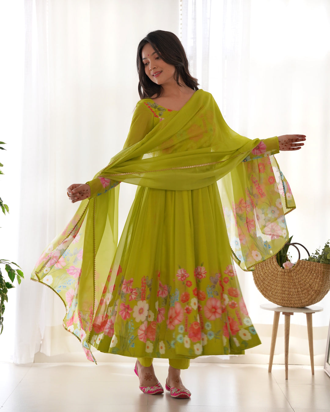 Neon Organza Floral Printed Flared Anarkali Suit