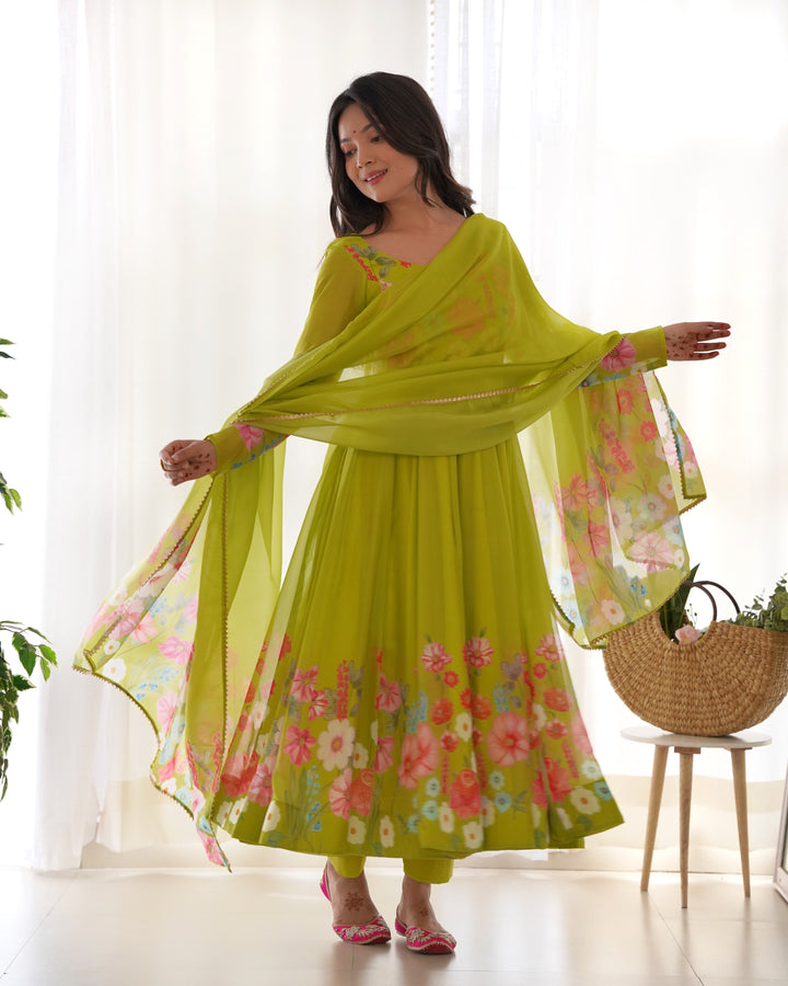 Neon Organza Floral Printed Flared Anarkali Suit
