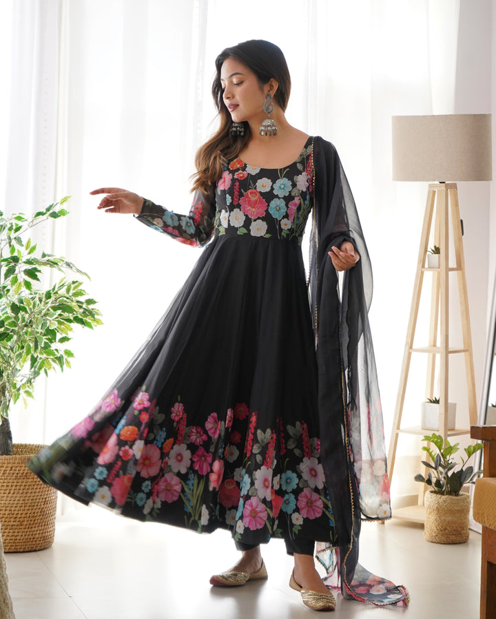 Black Organza Floral Printed Flared Anarkali Suit