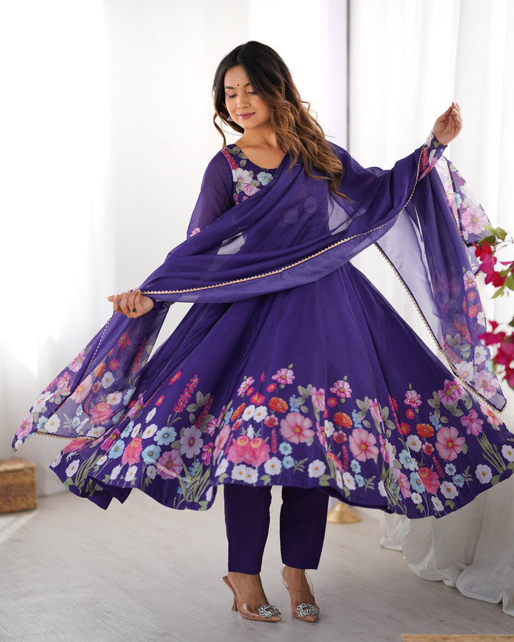 Purple Organza Floral Printed Flared Anarkali Suit