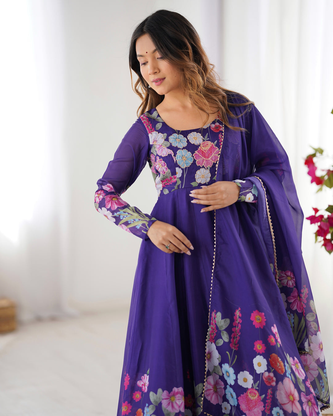 Purple Organza Floral Printed Flared Anarkali Suit