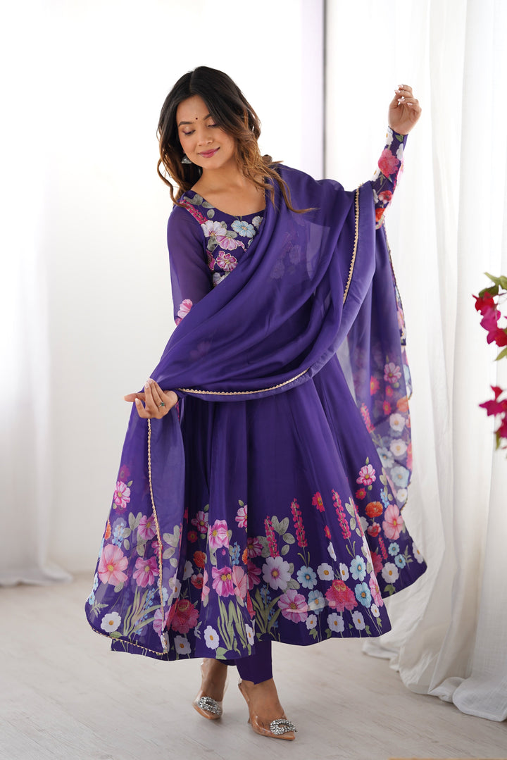 Purple Organza Floral Printed Flared Anarkali Suit