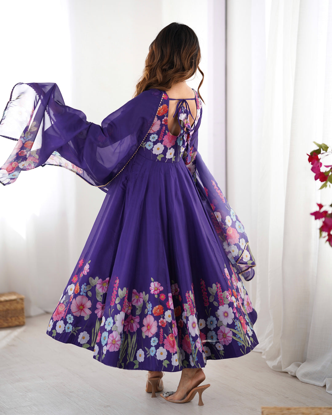 Purple Organza Floral Printed Flared Anarkali Suit