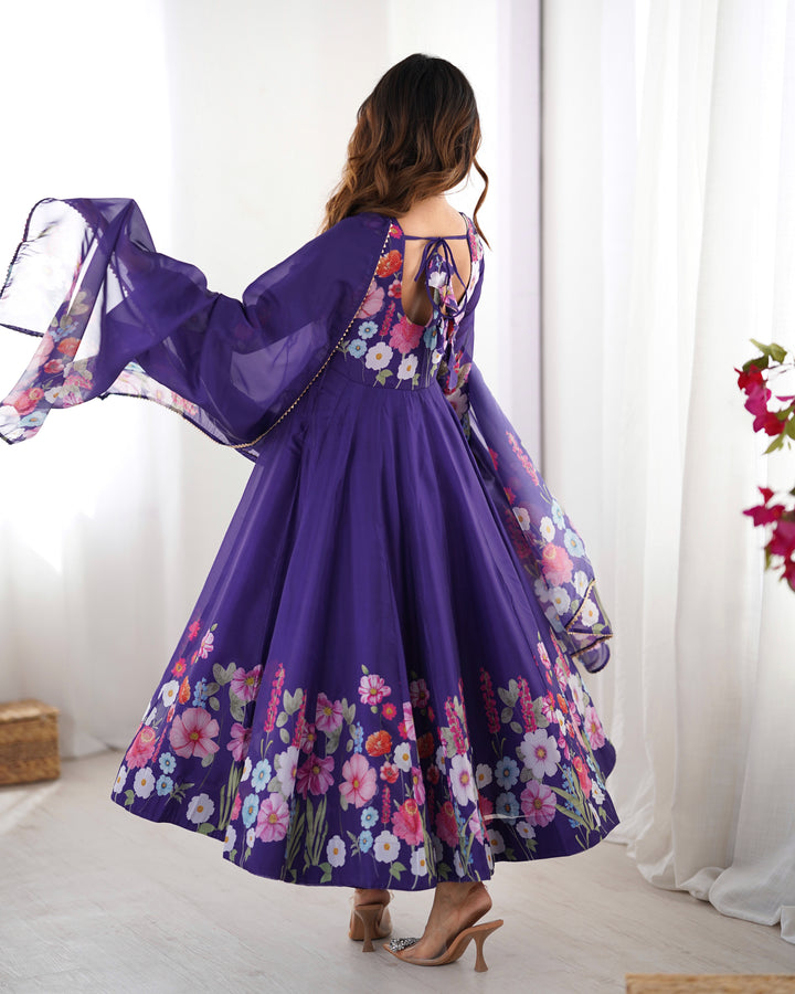Purple Organza Floral Printed Flared Anarkali Suit