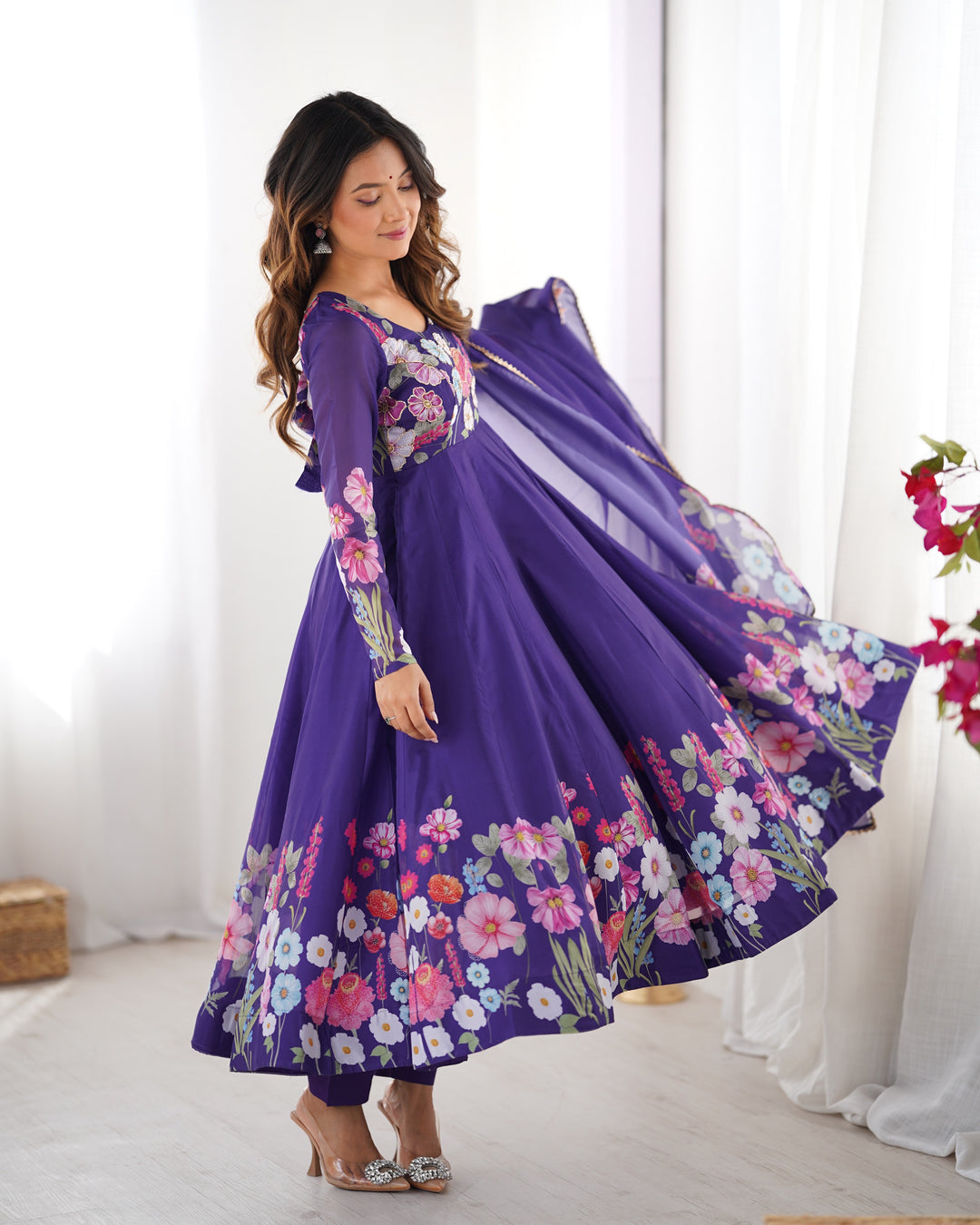 Purple Organza Floral Printed Flared Anarkali Suit
