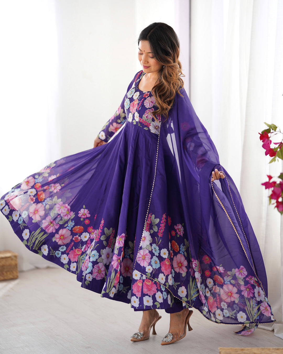 Purple Organza Floral Printed Flared Anarkali Suit