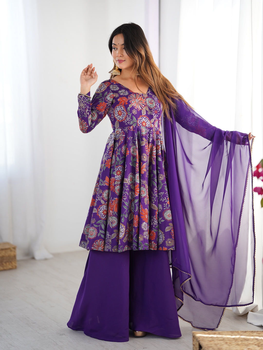 Purple Floral Printed Short Anarkali Sharara Suit