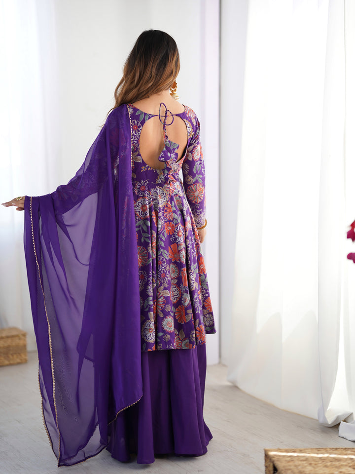 Purple Floral Printed Short Anarkali Sharara Suit