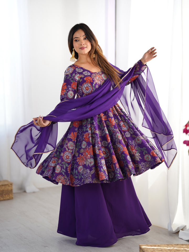 Purple Floral Printed Short Anarkali Sharara Suit