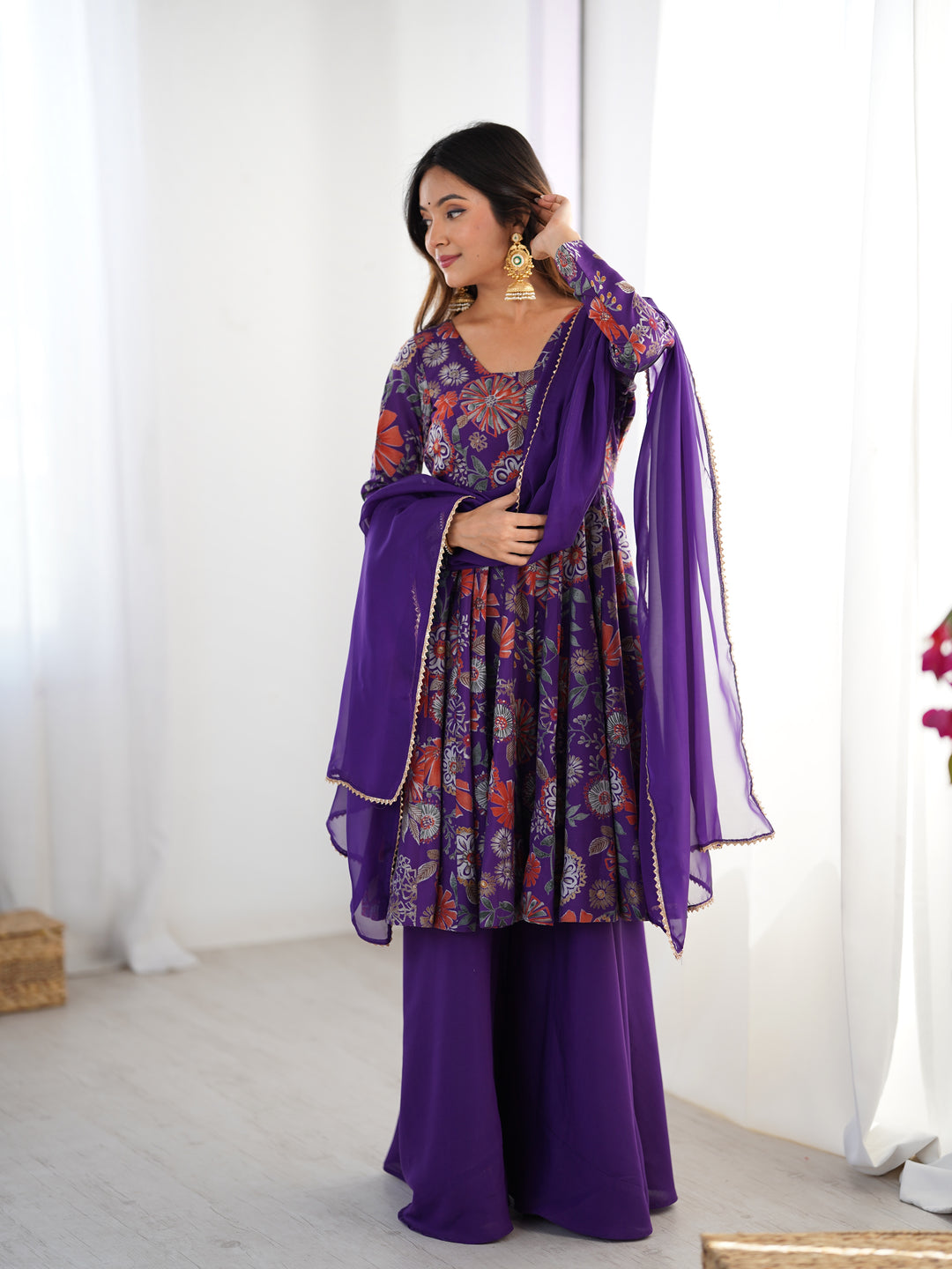 Purple Floral Printed Short Anarkali Sharara Suit