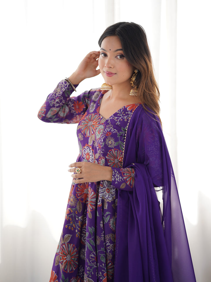 Purple Floral Printed Short Anarkali Sharara Suit