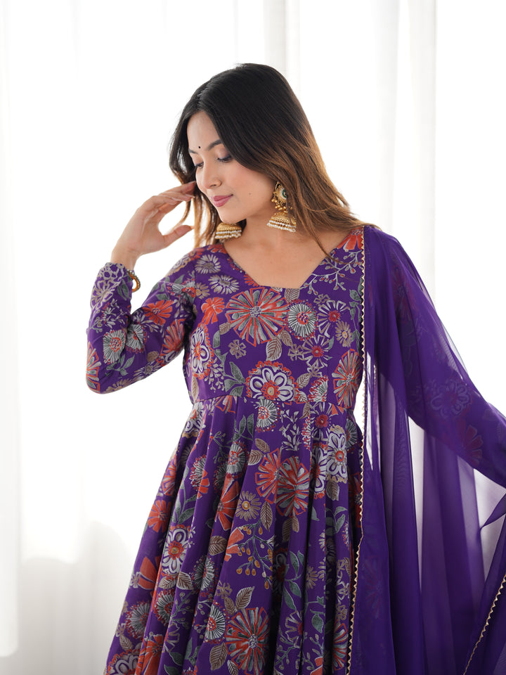 Purple Floral Printed Short Anarkali Sharara Suit