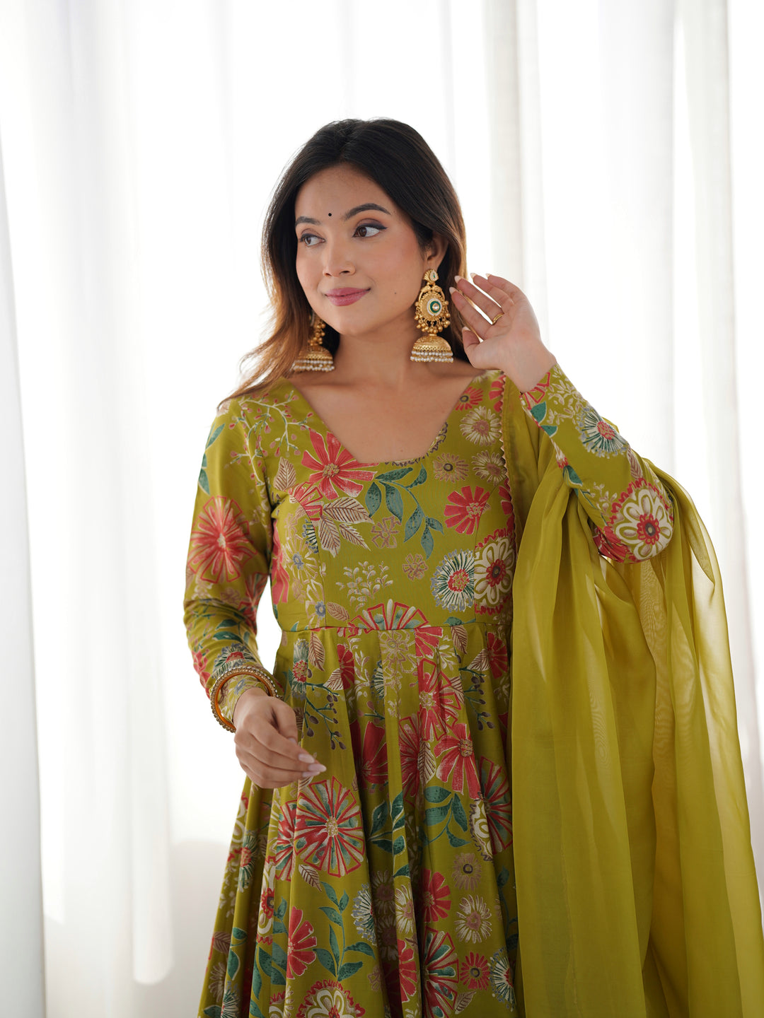 Mehndi Floral Printed Short Anarkali Sharara Suit