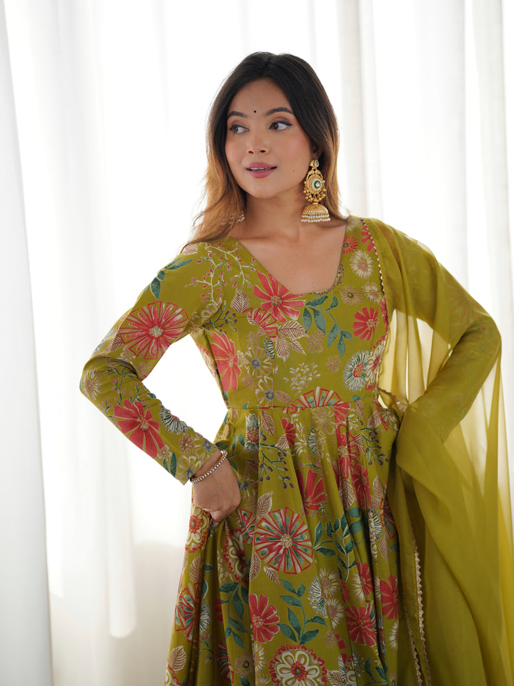 Mehndi Floral Printed Short Anarkali Sharara Suit