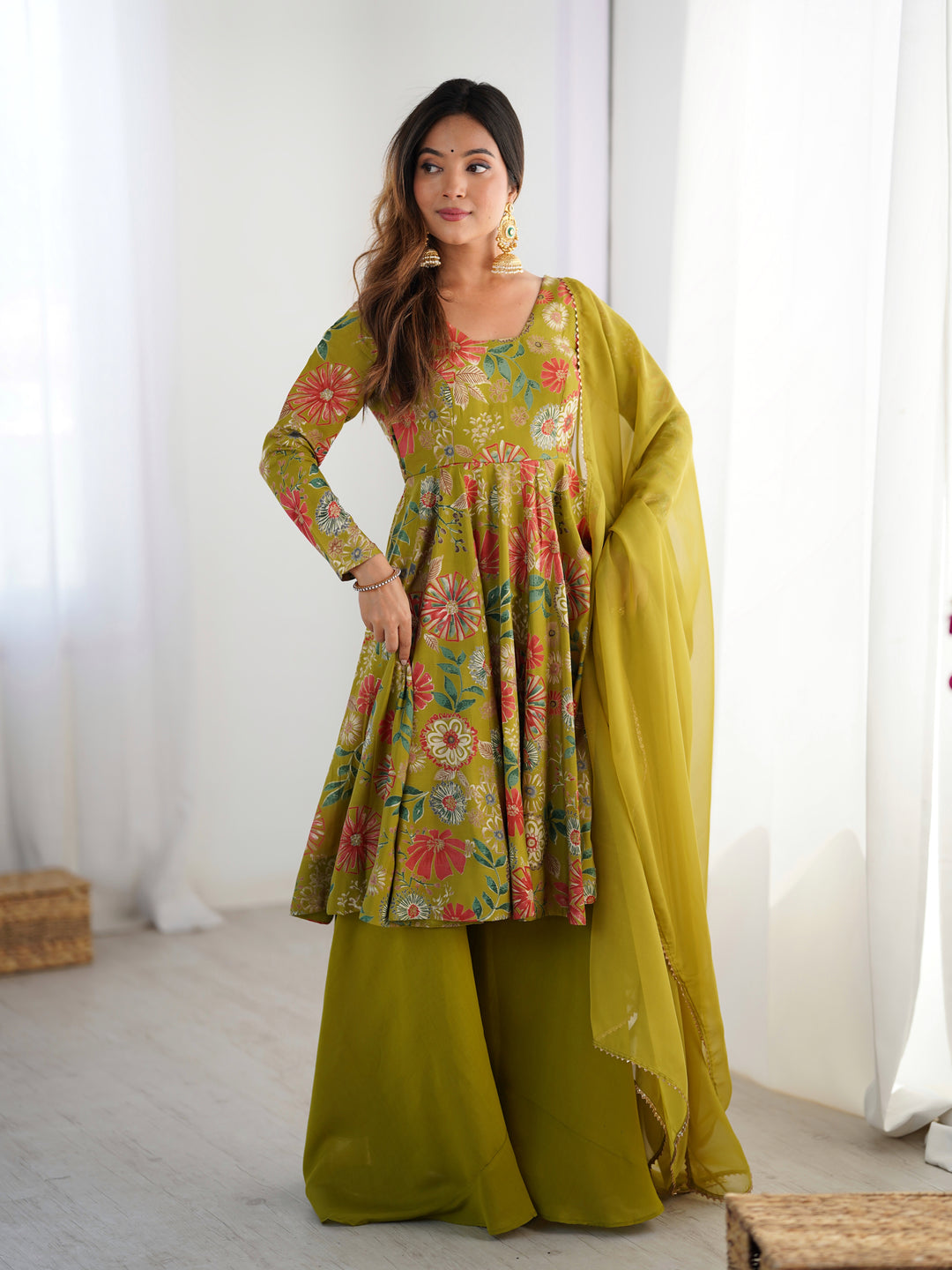Mehndi Floral Printed Short Anarkali Sharara Suit