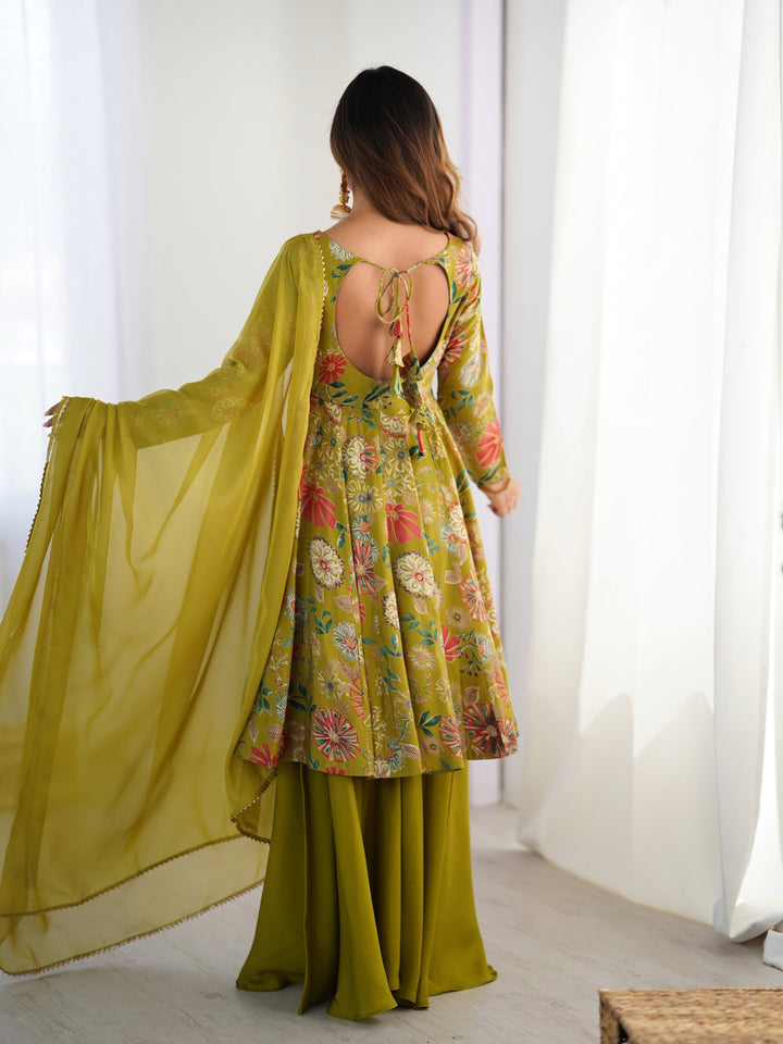 Mehndi Floral Printed Short Anarkali Sharara Suit