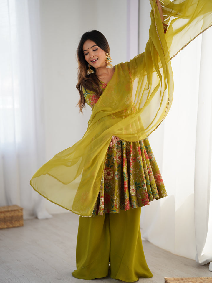 Mehndi Floral Printed Short Anarkali Sharara Suit