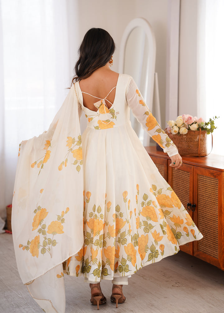 Off-White Floral Anarkali Kurta Pant Dupatta Set