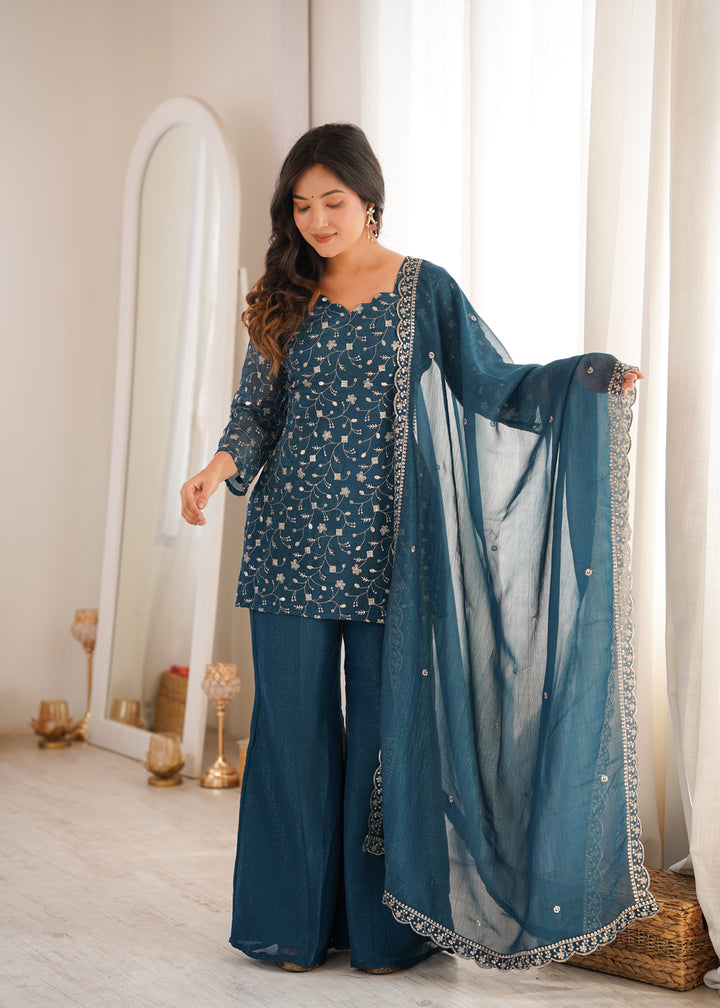 Teal Blue Embroidered Pakistani Style Sharara Suit